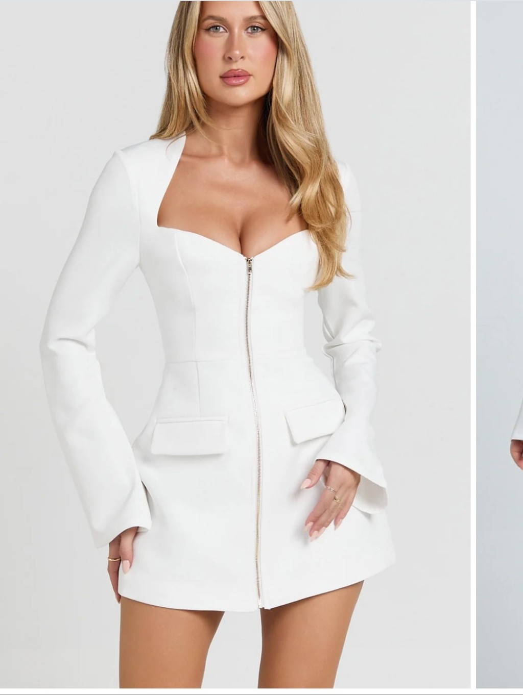 Showpo Lausanne White Zip Front Mini Dress Sweetheart Neck Long Sleeve Sz 10